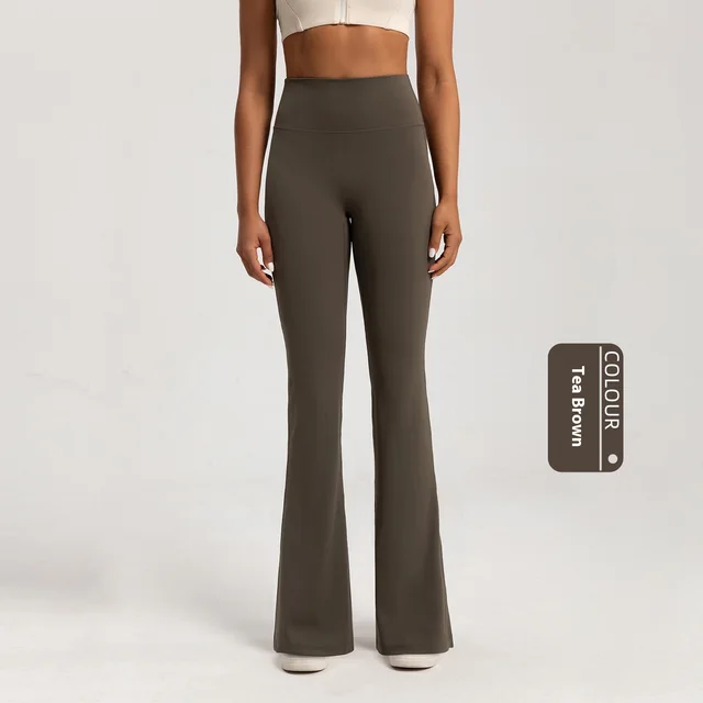 Fleece lined Bell bottom High Waist Nude Feel Wide Leg Pants Tea Brown - Shop at LoveMi