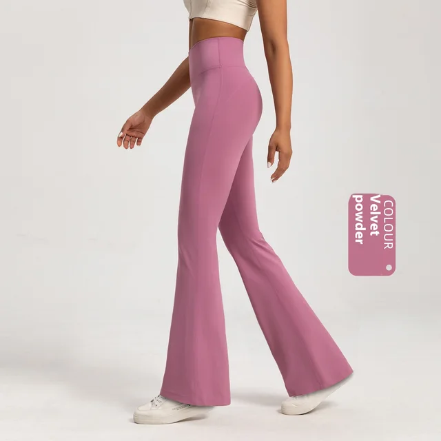 Fleece lined Bell bottom High Waist Nude Feel Wide Leg Pants Velvet Pink - Shop at LoveMi
