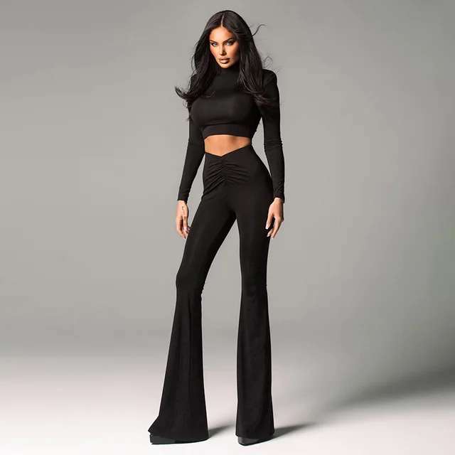 European And American Solid Color Padded Shoulder Long Sleeve Top High Waist Trousers Suit Black - Shop at LoveMi