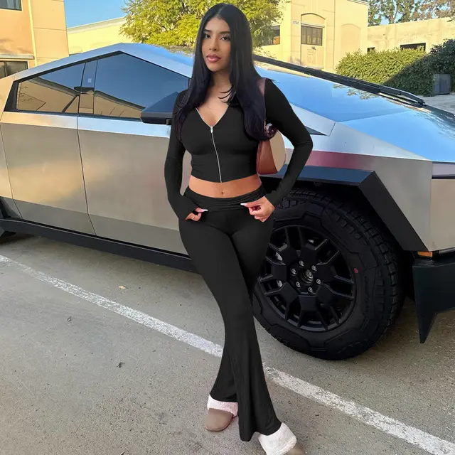 European And American Autumn And Winter Zipper Long sleeved Hooded Top Flared Pants Black - Shop at LoveMi