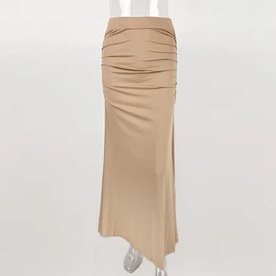 European And American Sexy Slim Hip Pleated Wide Hem Long Dress Apricot - Shop at LoveMi