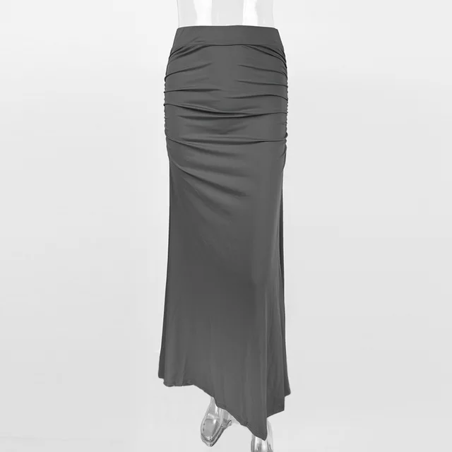 European And American Sexy Slim Hip Pleated Wide Hem Long Dress Gray Grey - Shop at LoveMi
