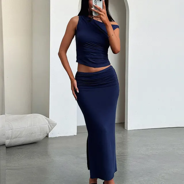 European And American One shoulder Pleated Off shoulder Top Sheath Skirt Two piece Set Navy Blue - Shop at LoveMi