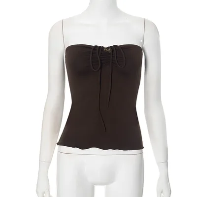 Women's Lace up Halterneck Pleated Backless Top Brown - Shop at LoveMi