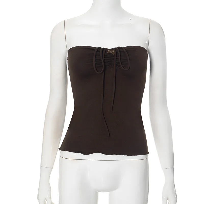Women's Lace-up Halterneck Pleated Backless Top - Brown