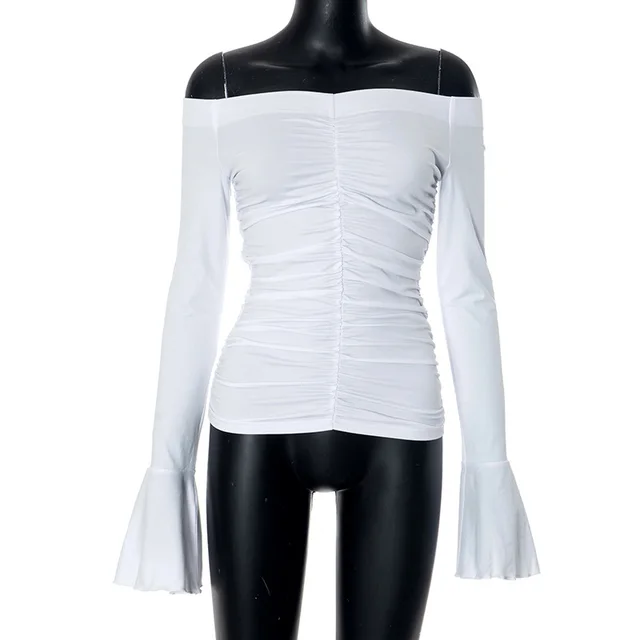 Women's Off shoulder Off the shoulder Pleated Waist Tight Top White - Shop at LoveMi