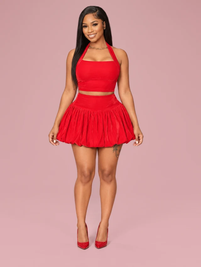 European And American Sexy Halter Backless Top High Waist Pure Color Bubble Skirt Red - Shop at LoveMi