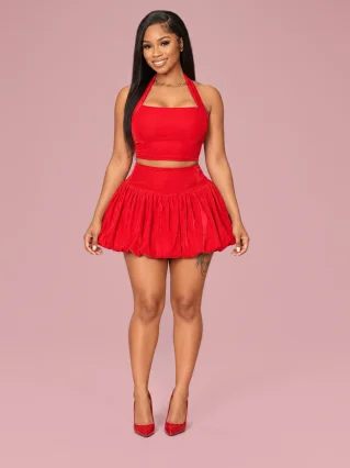 European And American Sexy Halter Backless Top High Waist Pure Color Bubble Skirt - Red