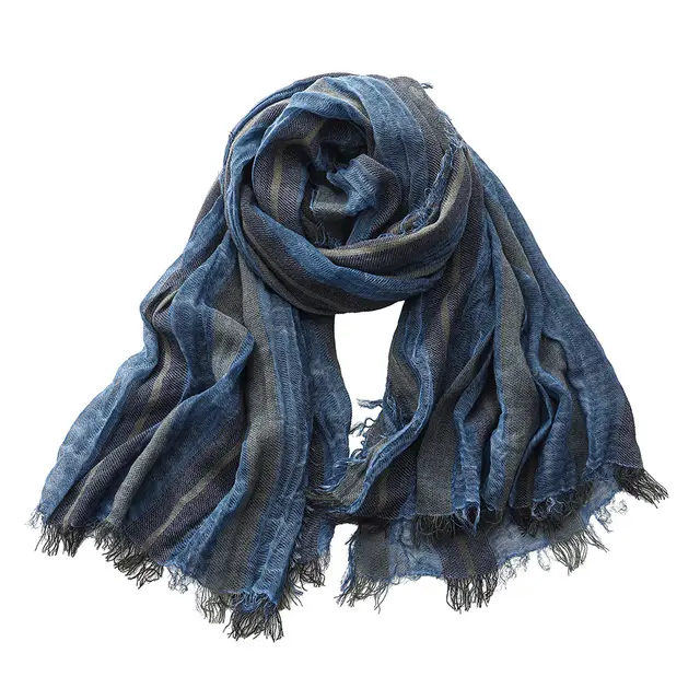 Retro Artistic Cotton And Linen Scarf Unisex Mixed Color Stripe Long Navy Blue - Shop at LoveMi