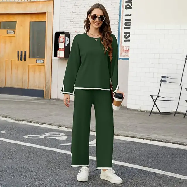 Women's Knitted 2 piece Set Long Sleeve Loose Top Wide Leg Pants Suit Green - Shop at LoveMi