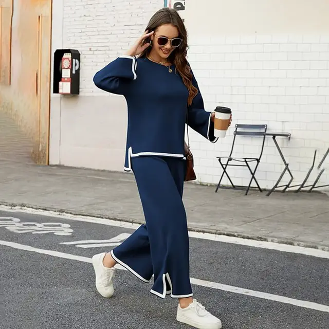 Women's Knitted 2 piece Set Long Sleeve Loose Top Wide Leg Pants Suit Navy Blue - Shop at LoveMi