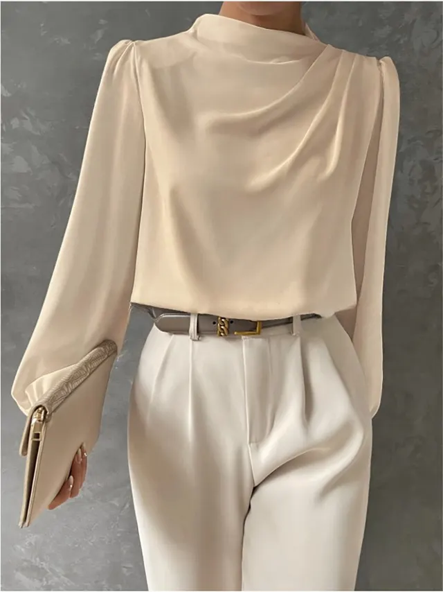 Solid Color Pleated Women's T shirt Elegant Pullover Satin Top Commute Style Long Sleeve Top Beige - Shop at LoveMi