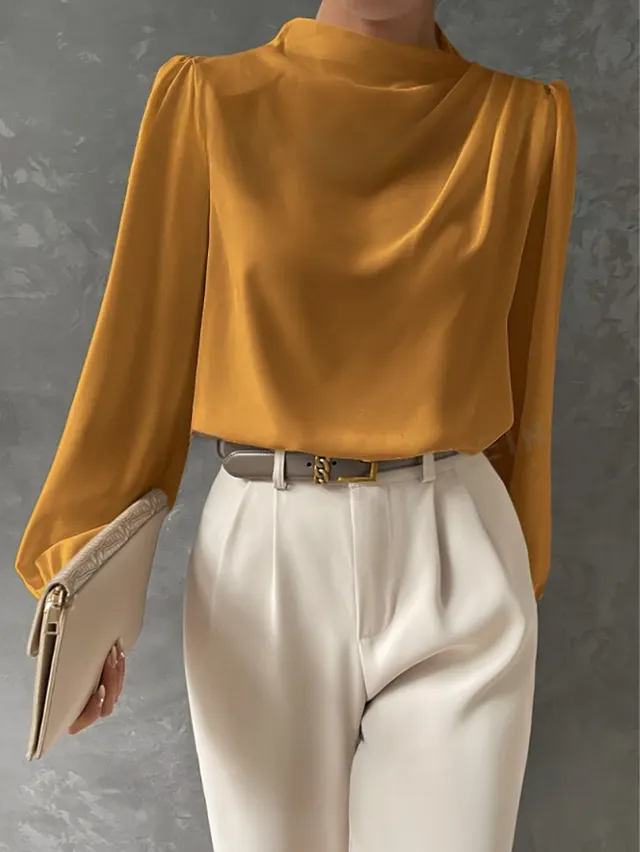 Solid Color Pleated Women's T shirt Elegant Pullover Satin Top Commute Style Long Sleeve Top Orange - Shop at LoveMi