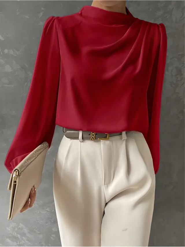 Solid Color Pleated Women's T shirt Elegant Pullover Satin Top Commute Style Long Sleeve Top Red - Shop at LoveMi