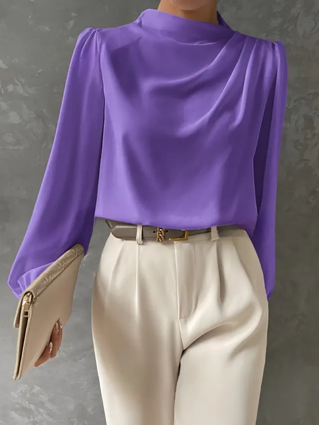 Solid Color Pleated Women's T shirt Elegant Pullover Satin Top Commute Style Long Sleeve Top Violet - Shop at LoveMi