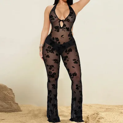 Sexy V neck Sleeveless Lace up See through Jumpsuit Black - Shop at LoveMi