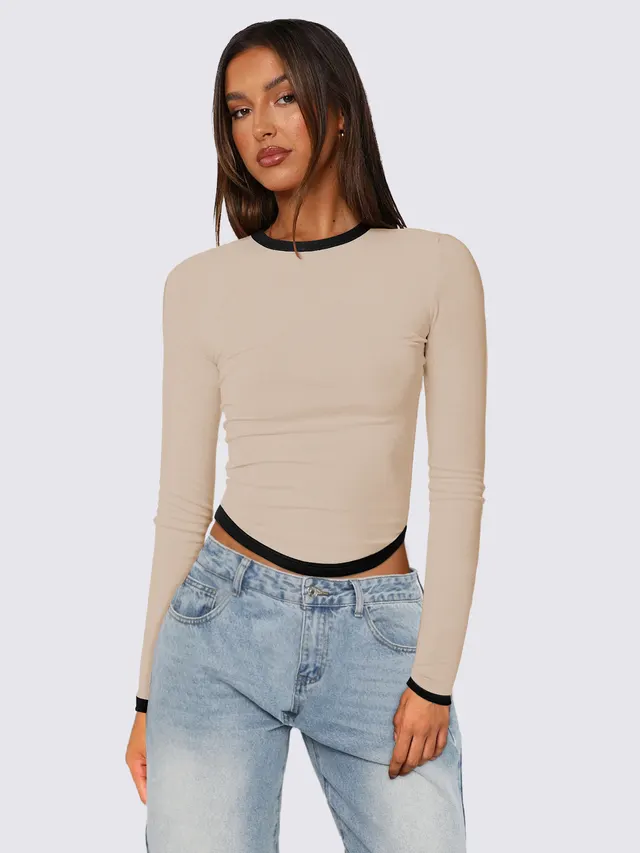 Women's Long sleeved Round Neck Slim fit Contrast Colors Short Pullover Top Apricot - Shop at LoveMi