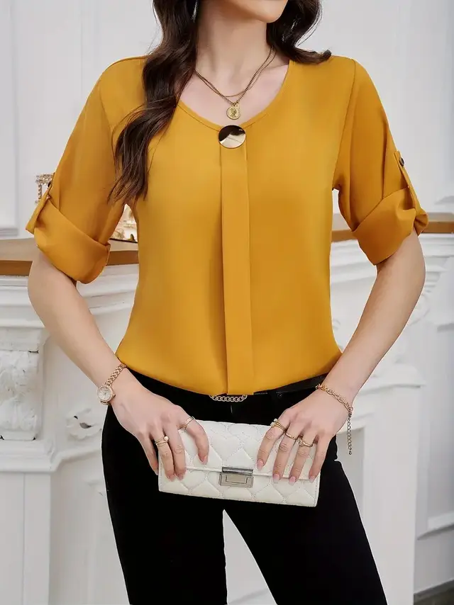 Business All match Work Clothes Round Neck Roll Sleeve Simple Yellow - Shop at LoveMi
