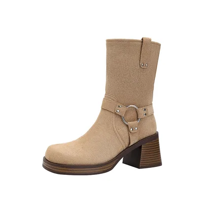 Matte Cowhide Loose Breathable Women's Boots Apricot - Shop at LoveMi