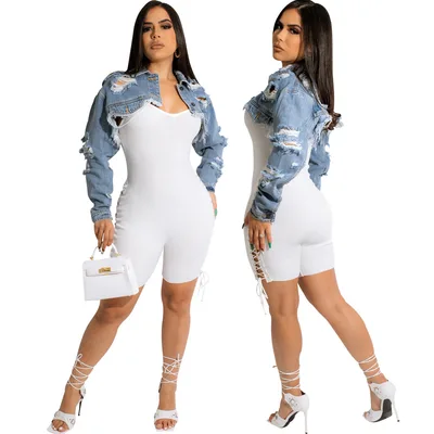 European And American Sexy Fashion Short Washed Denim Jacket Top Light Blue - Shop at LoveMi