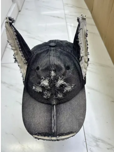 Waste Soil Wind Y2g Doberman Ear Baseball Cap Worn Looking Washed out Denim Black - Shop at LoveMi