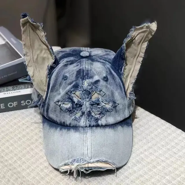 Waste Soil Wind Y2g Doberman Ear Baseball Cap Worn Looking Washed out Denim Denim Blue - Shop at LoveMi