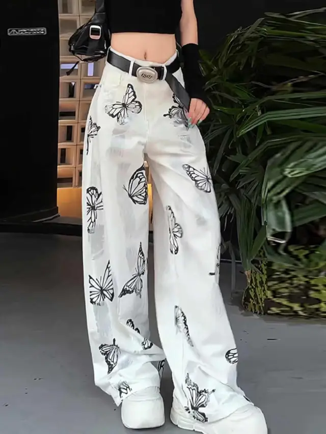 Casual Pants Butterfly Tie dyed Wide leg Women's White White - Shop at LoveMi