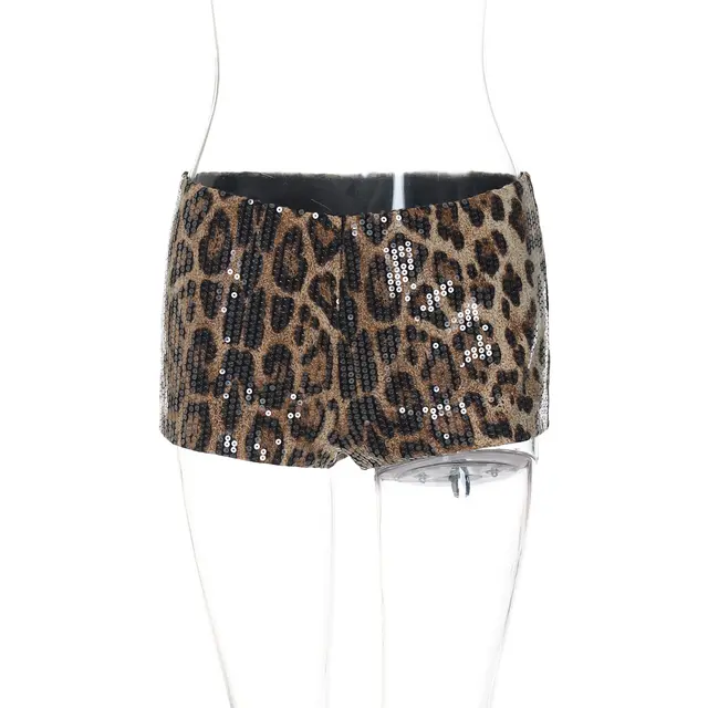 Sequin Leopard Print Ultra Night Club Style Skinny Versatile Shorts Leopard Print - Shop at LoveMi