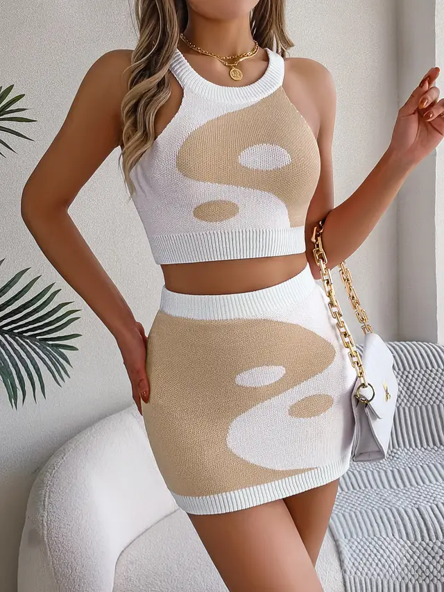 Contrast Color Midriff baring Top Hip Skirt Suit Women's Clothing Khaki - Shop at LoveMi