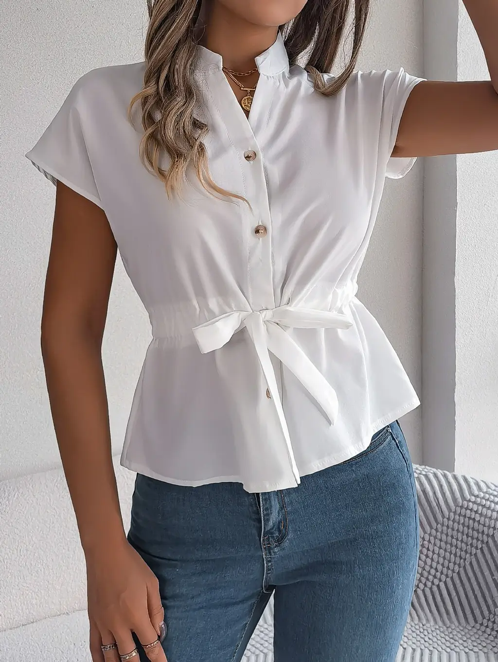 Button Drawstring Short Sleeve Shirt Top Women's Clothing - White