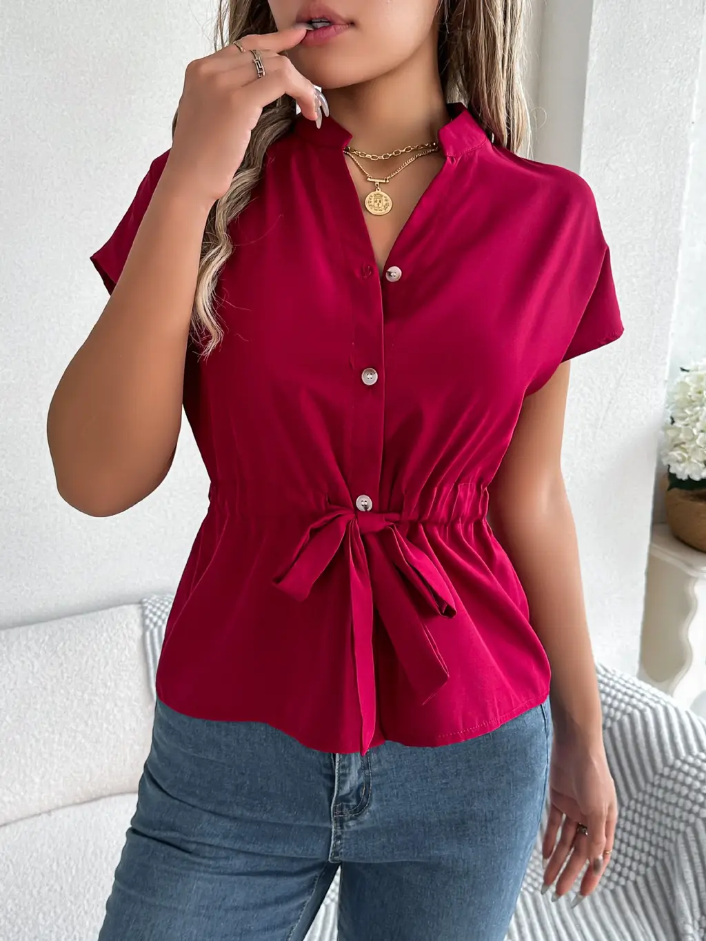 Button Drawstring Short Sleeve Shirt Top Women's Clothing - Wine Red