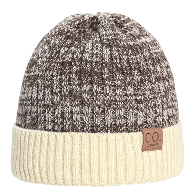 Color Matching Woolen Cap Winter Fleece Lined Padded Warm Keeping Knitted Hat Brown - Shop at LoveMi