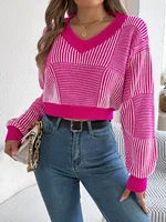 Striped Lantern Sleeve Pullover Midriff-baring Sweater Women's Clothing - Rose Red