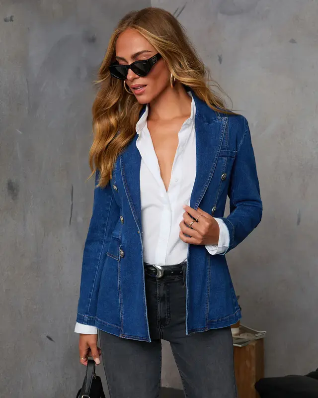 Casual Blue Denim Female Suit Coat Dark Blue - Shop at LoveMi
