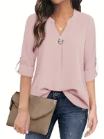 V-neck Shirt Long Sleeve With Cuff - Lotus Root Color-L - View 1