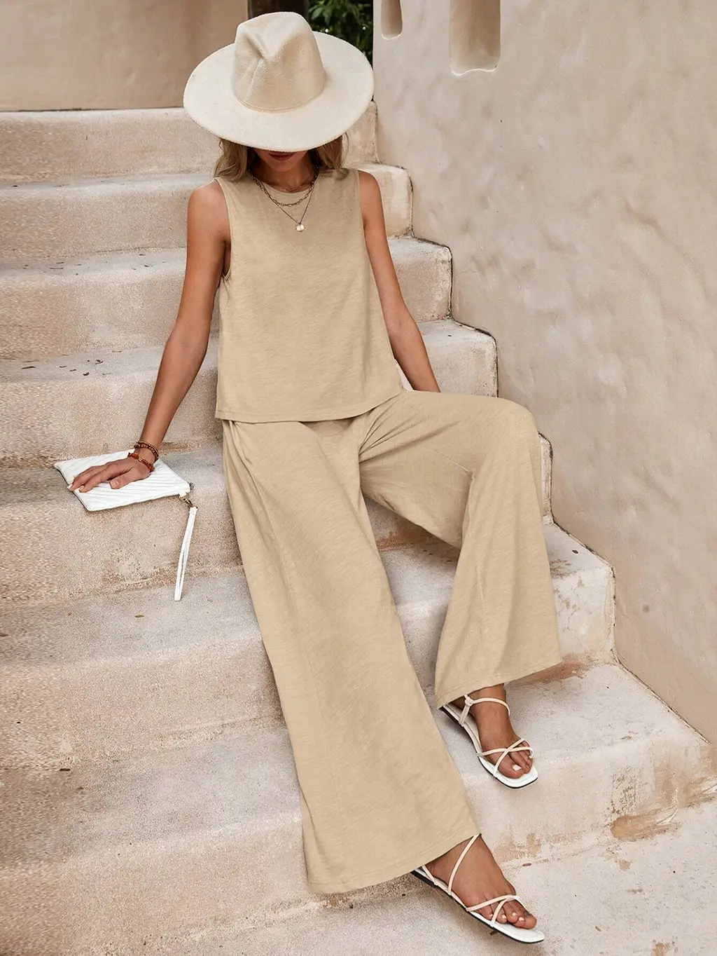 Solid Color Casual Loose Pants Sets For Women Elegant Spring Summer Women's Two Pieces Suit Full Trouser Set Female Outfit Clothes - Beige