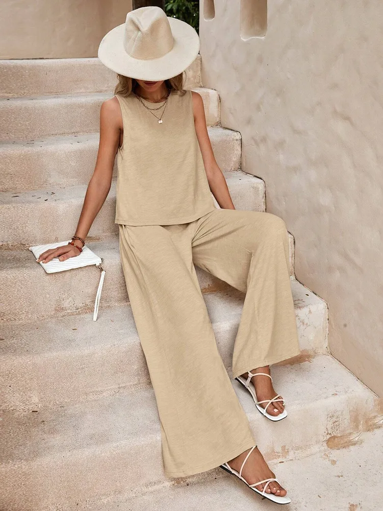 Solid Color Casual Loose Pants Sets For Women Elegant Spring Summer Women's Two Pieces Suit Full Trouser Set Female Outfit Clothes - Beige - View 1