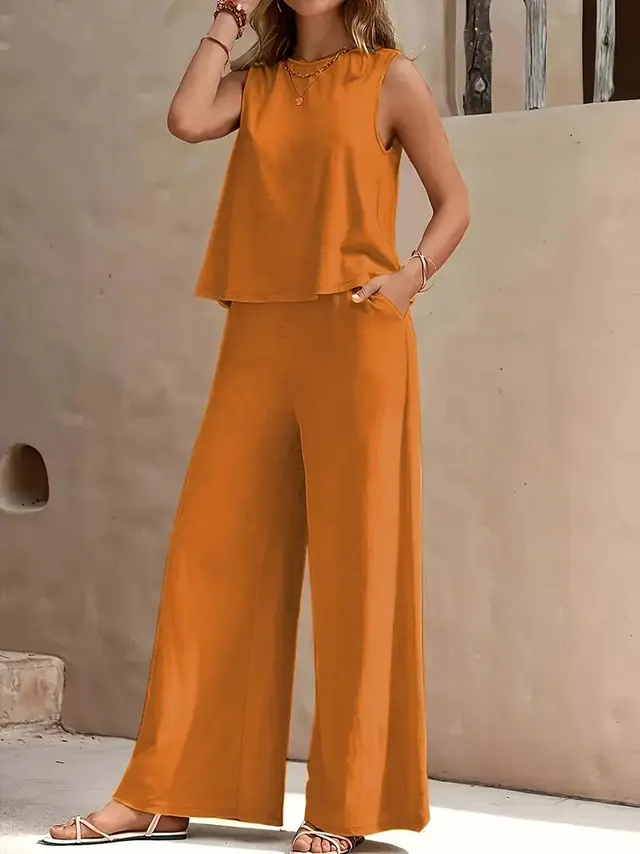 Solid Color Casual Loose Pants Sets For Women Elegant Spring Summer Women's Two Pieces Suit Full Trouser Set Female Outfit Clothes Orange - Shop at LoveMi