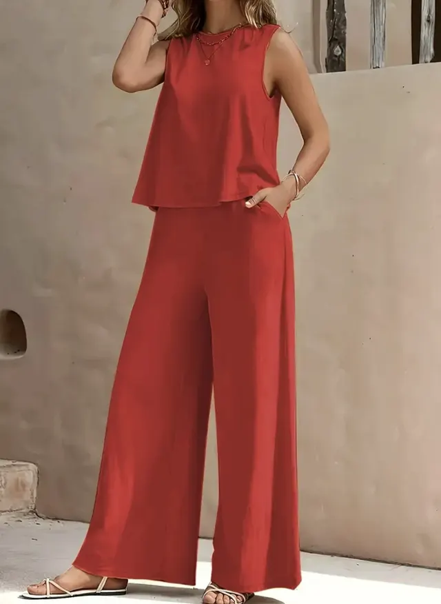 Solid Color Casual Loose Pants Sets For Women Elegant Spring Summer Women's Two Pieces Suit Full Trouser Set Female Outfit Clothes Red - Shop at LoveMi