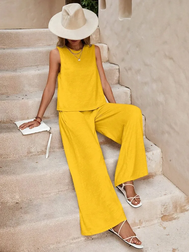 Solid Color Casual Loose Pants Sets For Women Elegant Spring Summer Women's Two Pieces Suit Full Trouser Set Female Outfit Clothes - Yellow - View 1