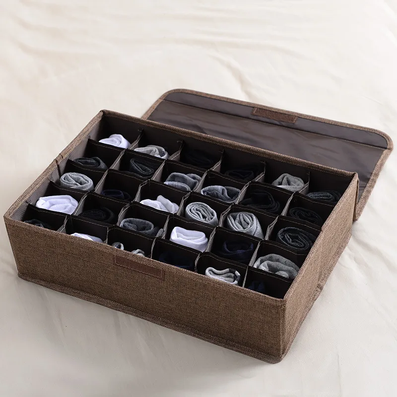 Foldable Washable Cotton Linen Underwear Storage Box - 30 Grid Coffee - View 1