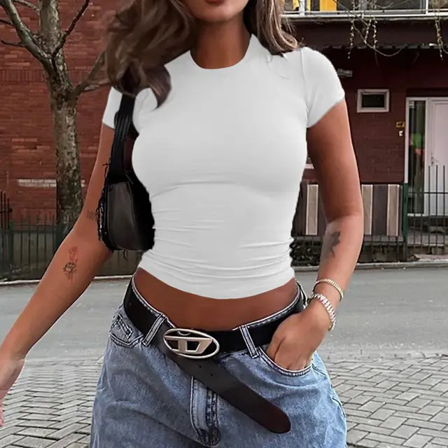 Spring And Summer Solid Color Top Waist Trimming Short Slim Fit Midriff baring T shirt White - Shop at LoveMi