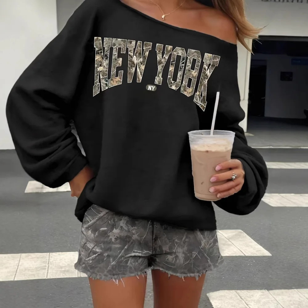 Casual Loose Pullover Simple Letter Print Long Sleeve Sweater Black - Shop at LoveMi