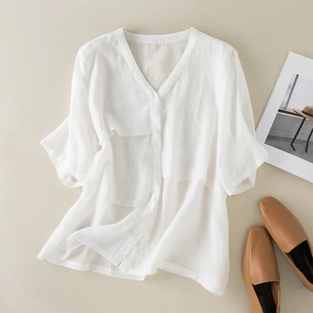 Artistic Retro Loose Slimming Cotton And Linen Top White - Shop at LoveMi