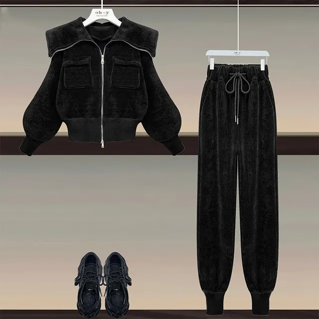 Women's Corduroy Suit Leisure Sports Two piece Set Black - Shop at LoveMi