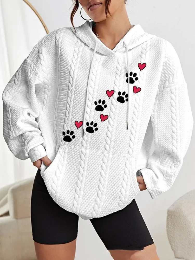 Women's Small Dog Paw Prints Heart Printing Twisted Hoodie - White