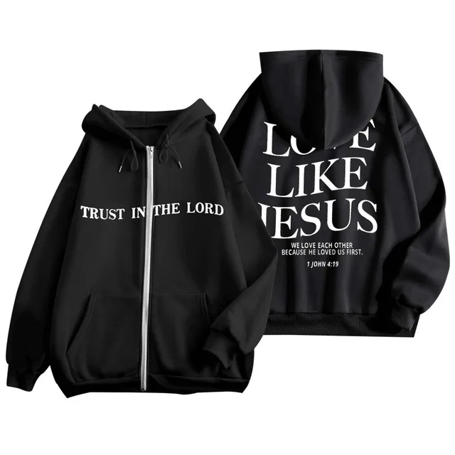 Printed Zipper Hooded Sweater Warm Jacket Black - Shop at LoveMi