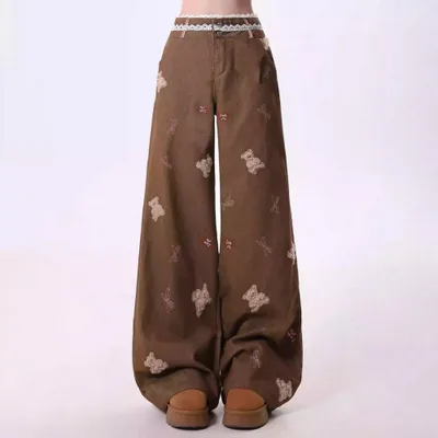 Cartoon Embroidery Straight Leisure Harajuku Lazy Wide leg Jeans Brown Regular - Shop at LoveMi