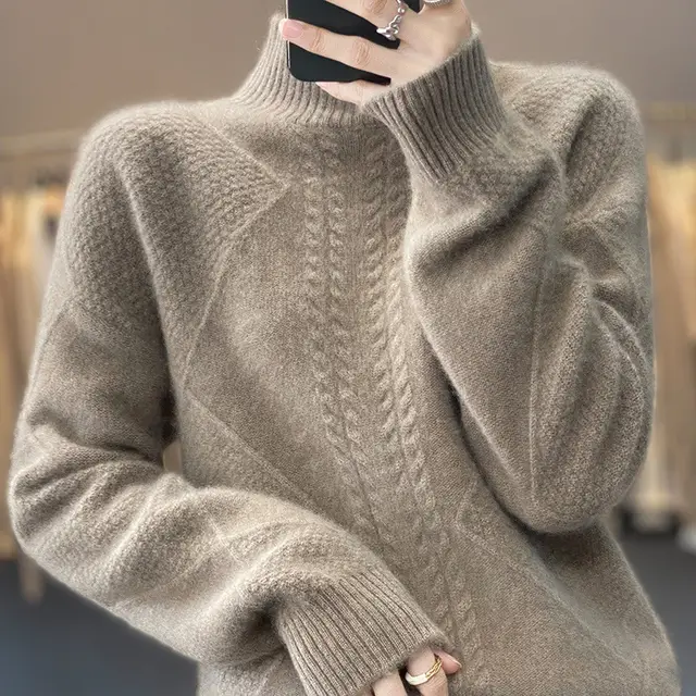Half high Collar Women's Short Cashmere Sweater Dark Camel - Shop at LoveMi