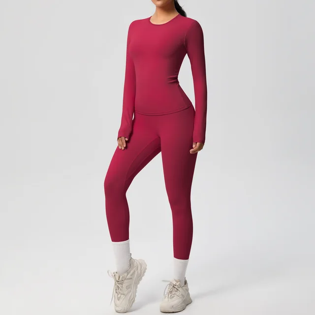 Double sided Sanding Pure Color Tight Training Long Sleeve Yoga Clothes Suit Carmine - Shop at LoveMi